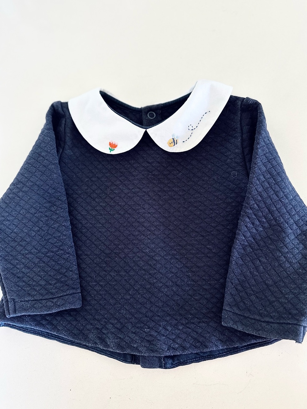 Jacadi Navy Quilted Top with White Peter Pan Collar and Embroidery